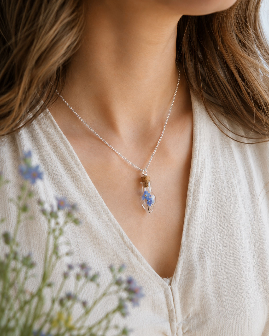 Forget me not teardrop Necklace, Little Vial Necklace