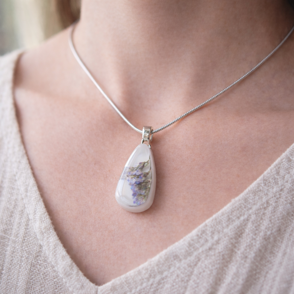 Sea Lavender Pendant,  Pressed Flower, Botanical, Woodland, White Resin Necklace