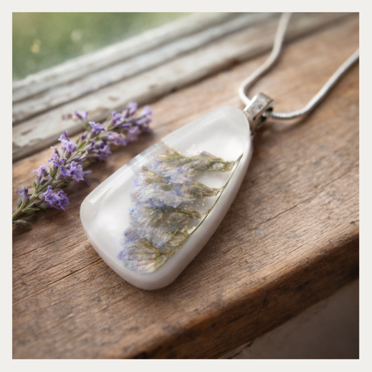 Sea Lavender Pendant,  Pressed Flower, Botanical, Woodland, White Resin Necklace