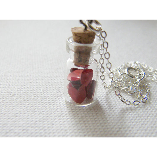 Cute Vial Necklace filled with Red Hearts, Glass Vial
