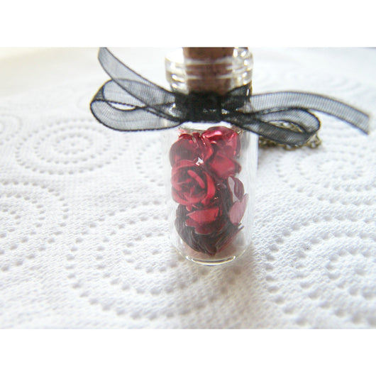 Red Roses and Hearts Glass Vial Necklace, Bottle Necklace