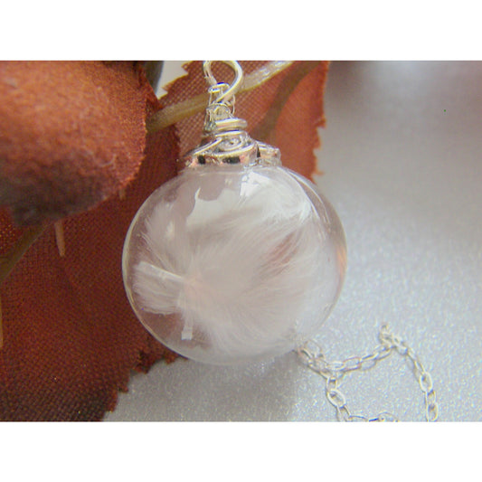 Feather Necklace, Handblown Glass Globe,  Marabou Feather Necklace, Angel, Bridal Jewelry, Christmas Gift