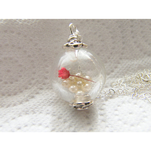 Real Flower Botanical Necklace Hand Blown Glass Globe - RED ROSE - Bridal Jewelry