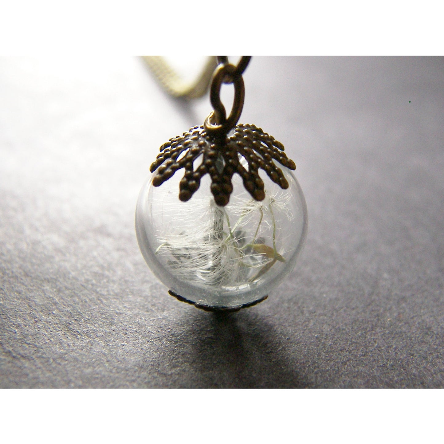 Dandelion Seed Glass Globe Necklace with Bronze Filigree Caps, Small Orb, Bridesmaids Jewelry