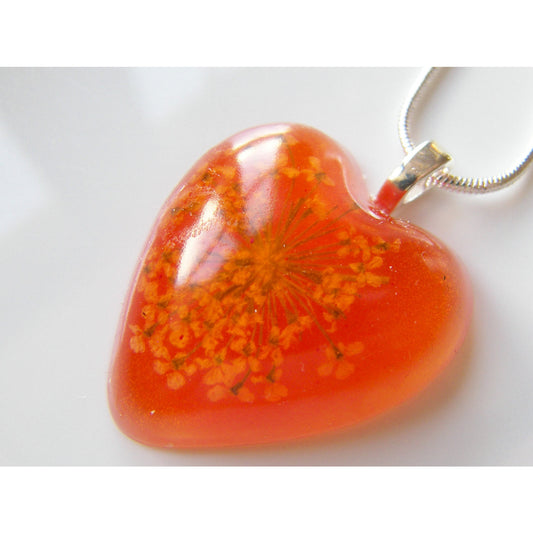 Orange Flower Necklace, Real Flower Necklace, Flower Pendant, Heart Necklace, Pressed Flower Jewelry