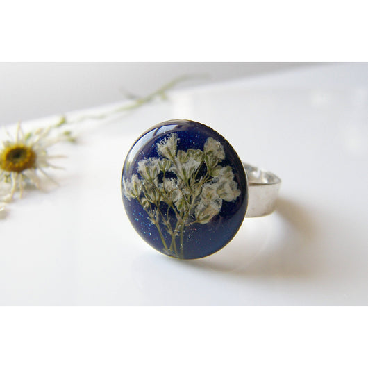 Blue Resin Ring, Pressed Flower Blue Ring, Gift for Women, Botanical Ring, Pressed Flower Jewelry