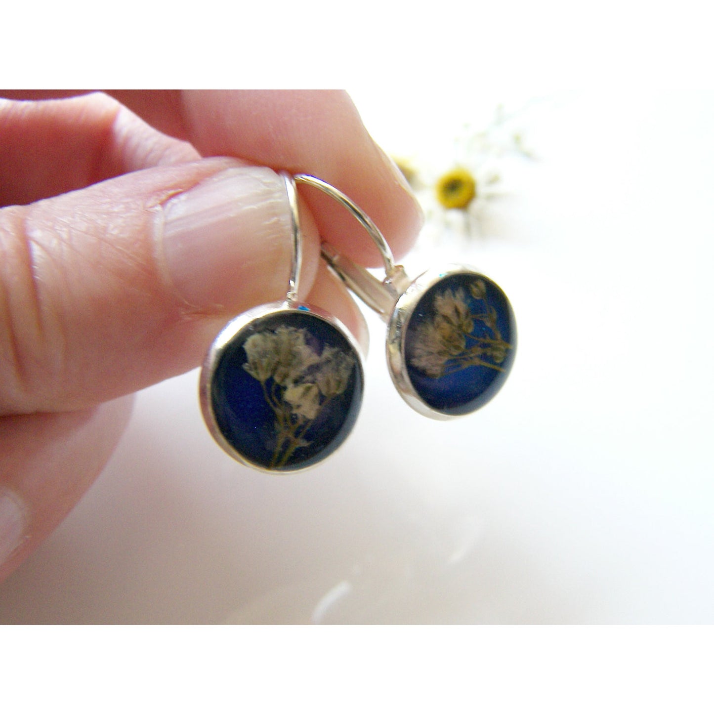 Pressed Flower Earrings, Blue Resin, Dainty Earrings, Eco Friendly, Eco Chic