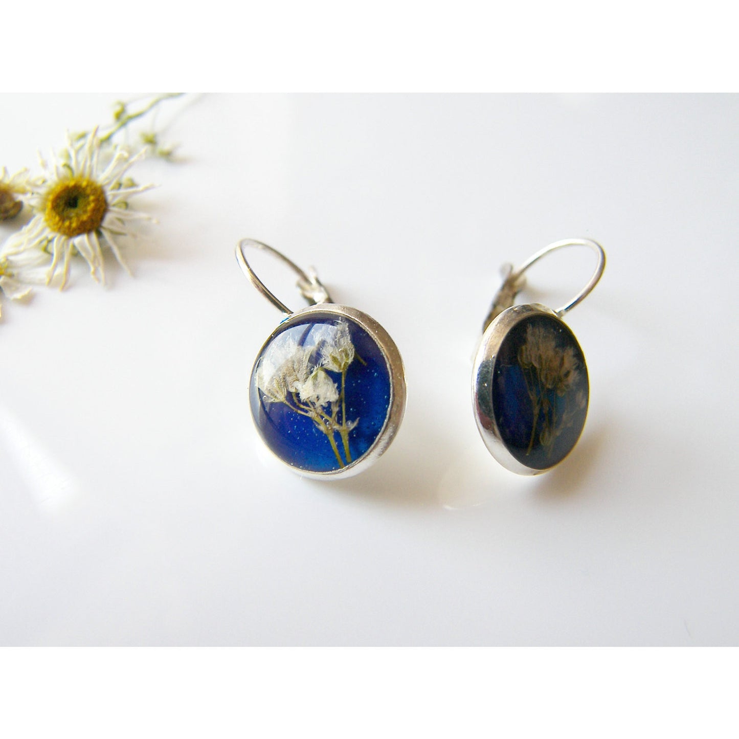 Pressed Flower Earrings, Blue Resin, Dainty Earrings, Eco Friendly, Eco Chic