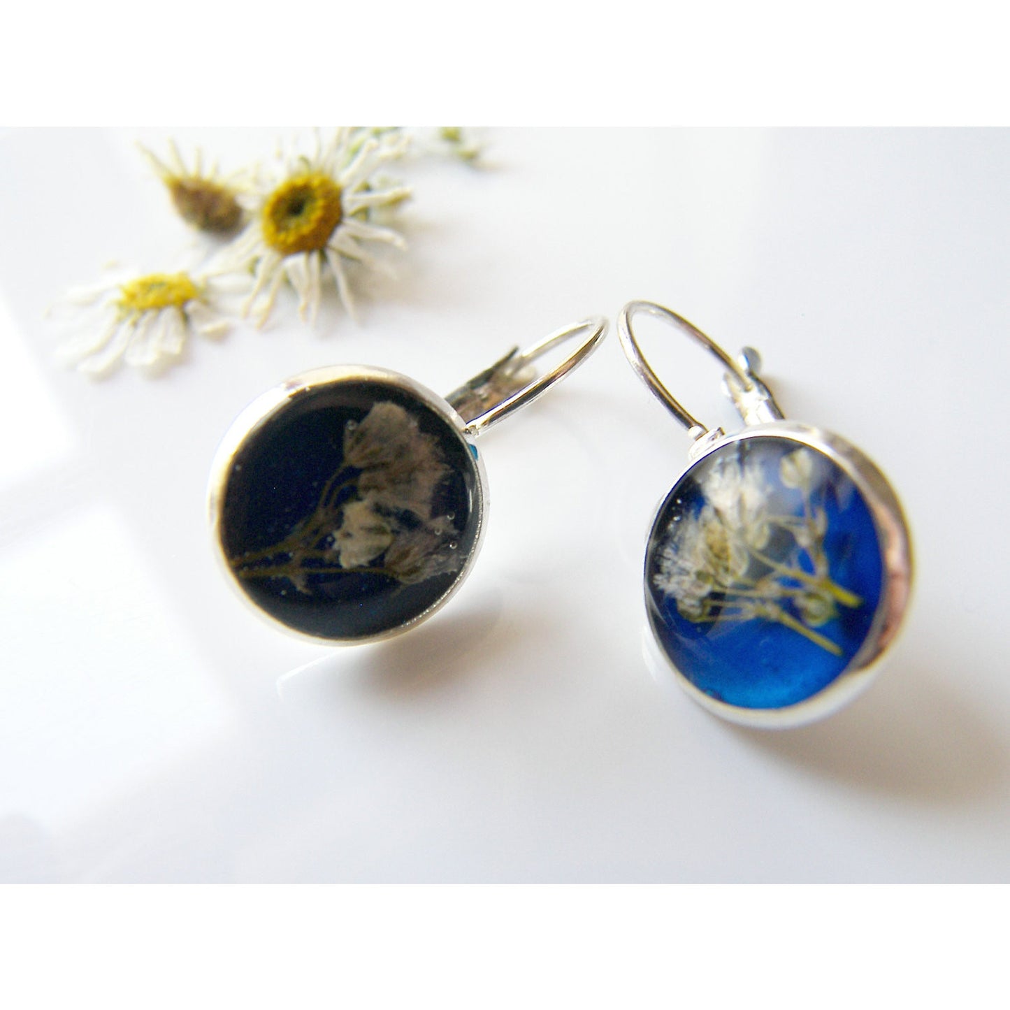 Pressed Flower Earrings, Blue Resin, Dainty Earrings, Eco Friendly, Eco Chic