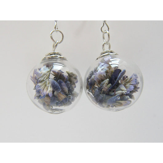 Real Lavender Earrings, Hand Blown Glass Beads, Real Flower Jewelry, Bridesmaid Gift, Holiday Gift