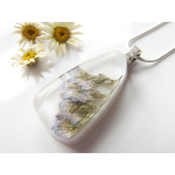 Sea Lavender Pendant,  Pressed Flower, Botanical, Woodland, White Resin Necklace