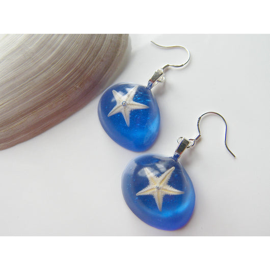 Real Starfish Blue Earrings - Nautical, Beach - STARFISH