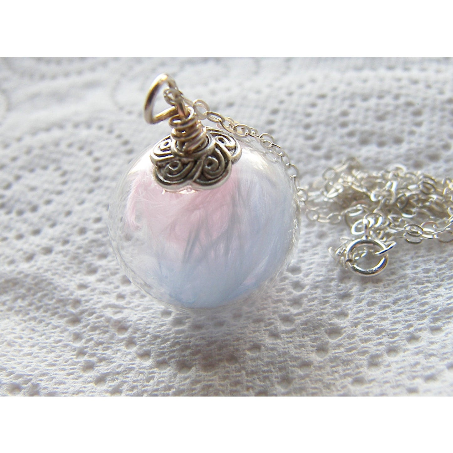 New Mom Necklace, Mum Necklace, Twins, Mom To Be, Pink and Blue Marabou Feathers, Glass Globe, Little Angels