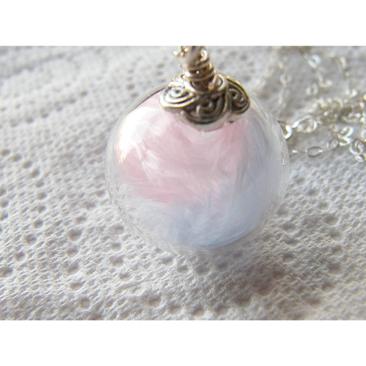 New Mom Necklace, Mum Necklace, Twins, Mom To Be, Pink and Blue Marabou Feathers, Glass Globe, Little Angels