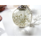 Queen Annes Lace Flower Resin Orb Sphere Necklace, Snowflake, Eco Friendly, Resin Globe Necklace, Gift for Women