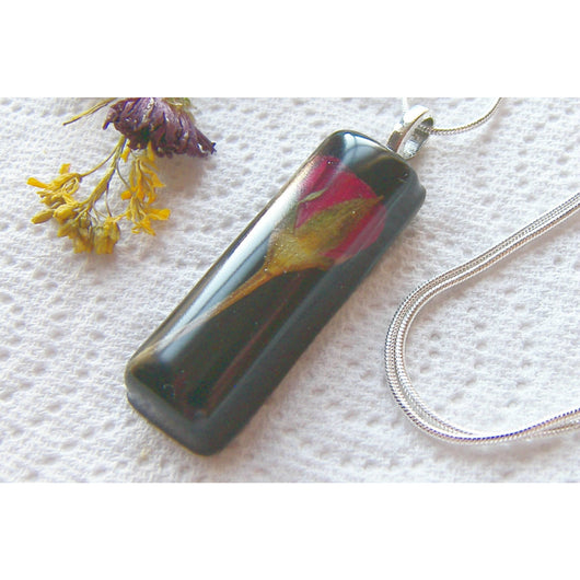 Red Rose Pendant, Real Flower, Botanical Necklace, Nature, Eco Friendly, Black Resin