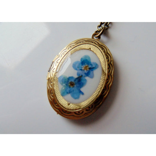 Vintage Brass Locket with Forget Me Nots, Brass Locket, Forget Me Not Necklace