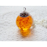 Amber Resin Flower Orb Necklace, Globe Pendant, Eco Friendly, Orange Resin Necklace, Jewelry for Women, Handmade Jewellery