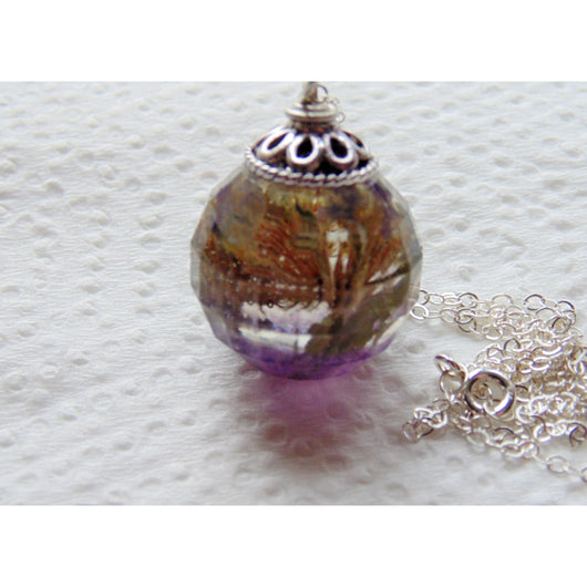 Multi Faceted Flower and Crushed Amethyst Pendant, Amethyst Resin Necklace, Flower Jewelry