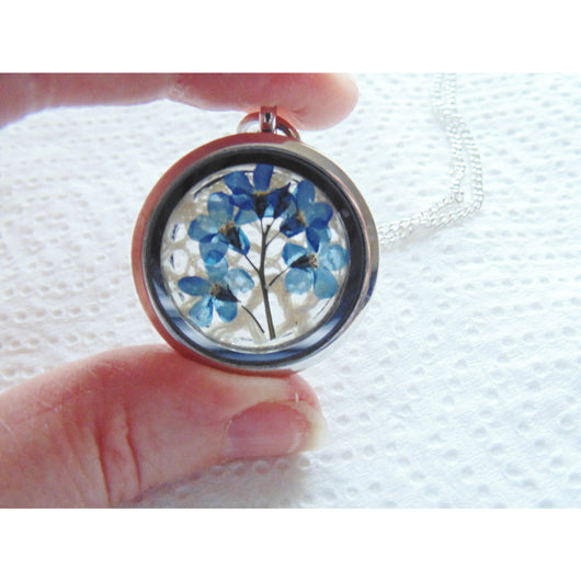 Forget me Not Necklace, Locket Necklace, Pressed Flower Necklace, Bridesmaid Jewelry, Remembrance Gift, Jewelry for Women