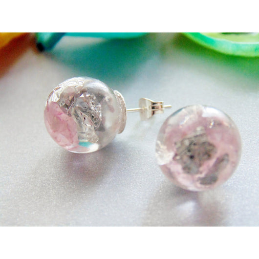 Rose Quartz Earrings, Natural Rose Quartz with Silver Flakes, Stud Orb Earrings, Handmade by Wishes on the Wind