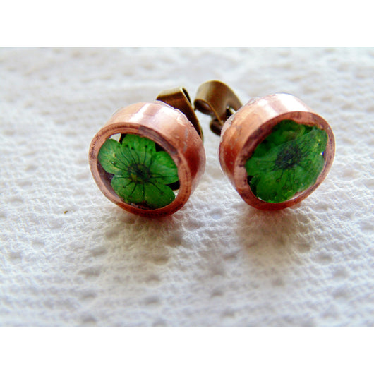Green Flower Earrings, Copper Earrings, Eco Resin Earrings, Stud Earrings