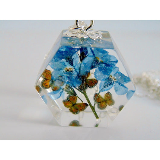 Forget Me Not Necklace, Monarch Butterfly Pendant, Blue Pressed Flower Necklace, Gift for Women, Eco Resin, Hexagon Necklace