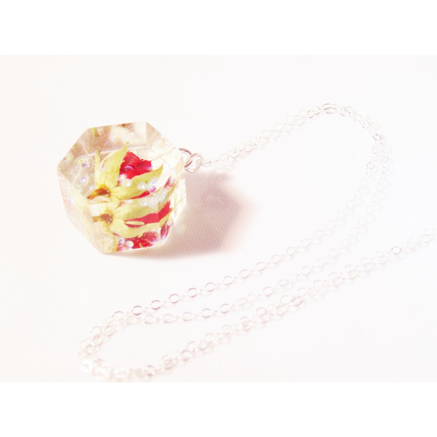 Rose Necklace, Real Rosebud, Dewdrop Necklace, Hexagon Necklace, geometric necklace, Resin Necklace