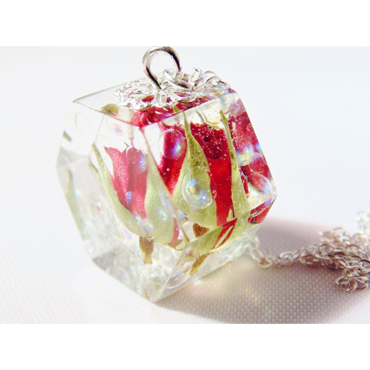 Rose Necklace, Real Rosebud, Dewdrop Necklace, Hexagon Necklace, geometric necklace, Resin Necklace