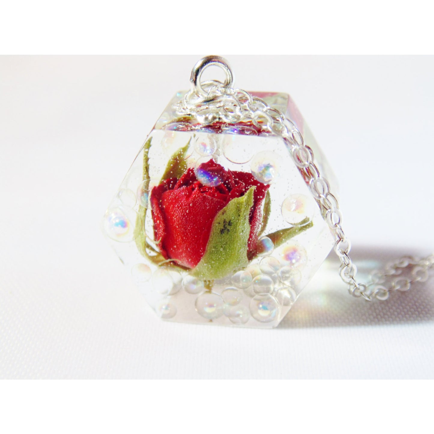 Rose Necklace, Real Rosebud, Dewdrop Necklace, Hexagon Necklace, geometric necklace, Resin Necklace