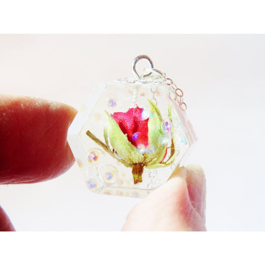Rose Necklace, Real Rosebud, Dewdrop Necklace, Hexagon Necklace, geometric necklace, Resin Necklace