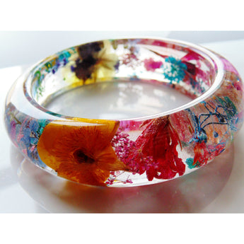 Flower Resin Bangle, Eco Friendly Resin Bracelet, Pressed Flower Jewelry, Rainbow Flower Bangle