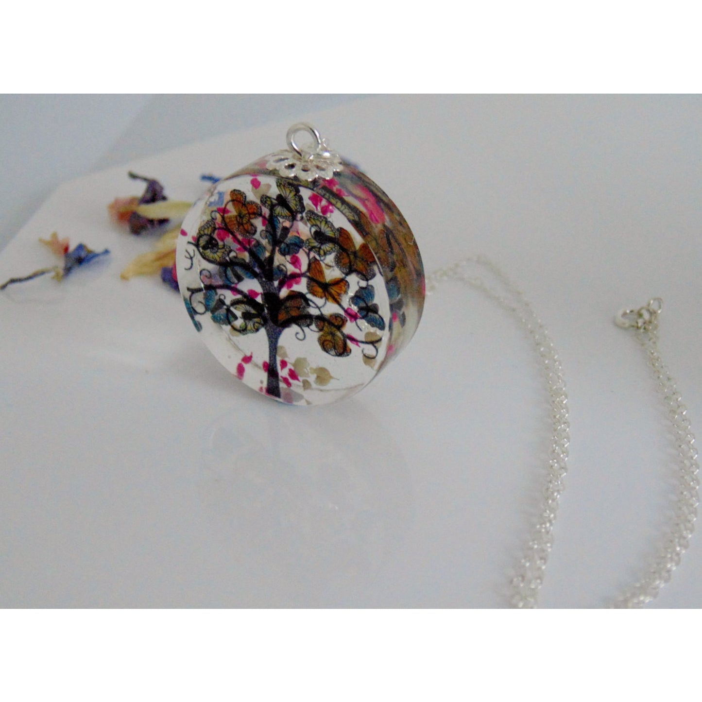 Butterfly Necklace, Tree Necklace, Faraway Tree, Tree Silhouette Pendant, Spring Tree, Real Flower Jewelry, Gift for Her