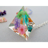 Pyramid Necklace, Rainbow Flower Necklace, Real Flower Necklace, Geometric Necklace, Resin Pyramid, Gift for Her