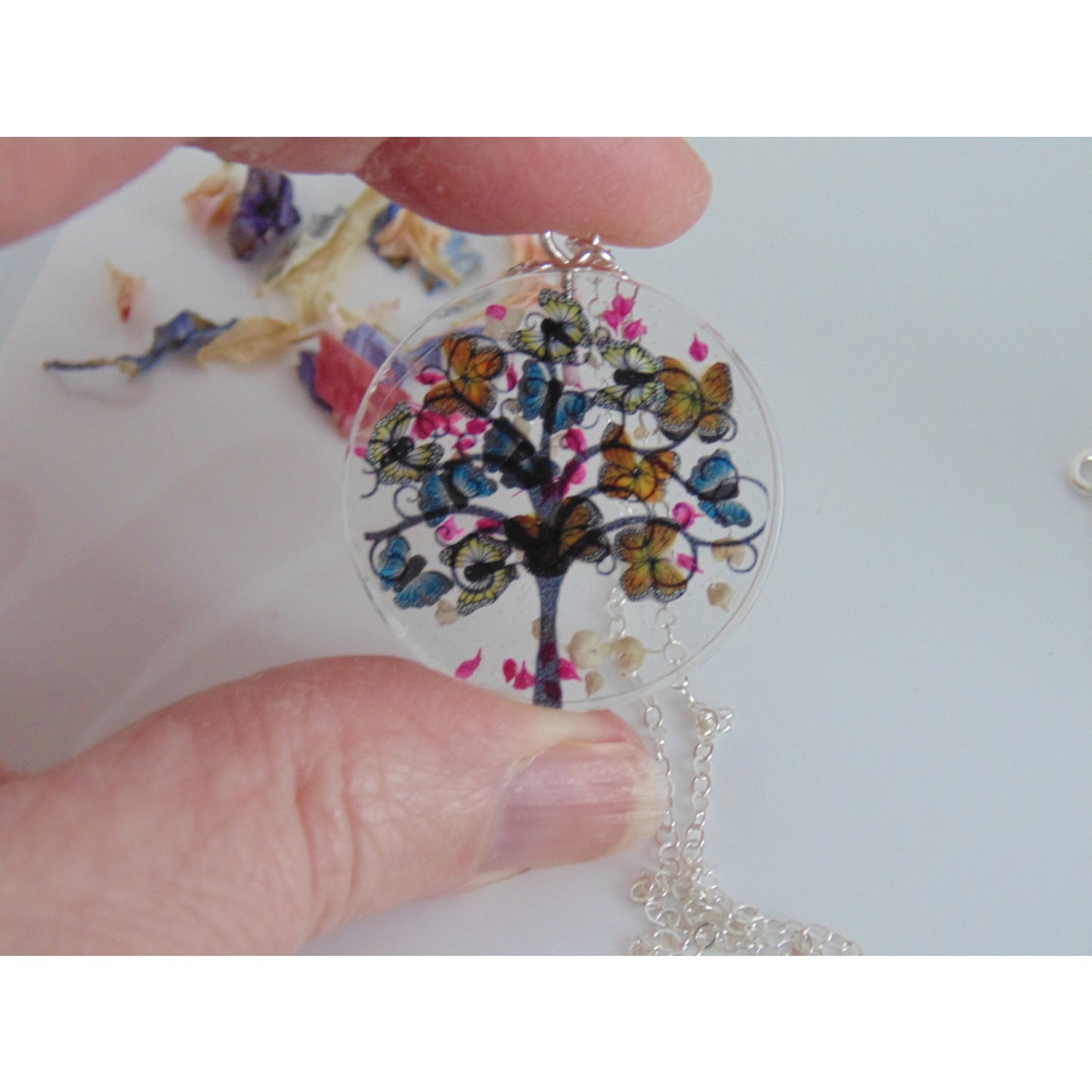 Butterfly Necklace, Tree Necklace, Faraway Tree, Tree Silhouette Pendant, Spring Tree, Real Flower Jewelry, Gift for Her