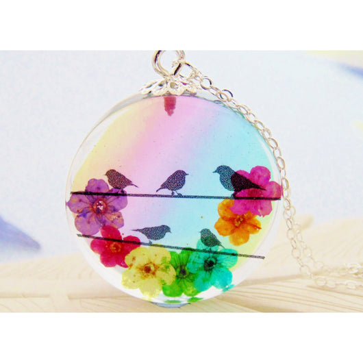 Eco Resin Bird Necklace, made with real flowers