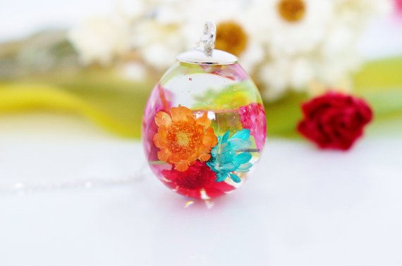 Rainbow Real Flower Necklace, Waterdrop Resin Pendant
