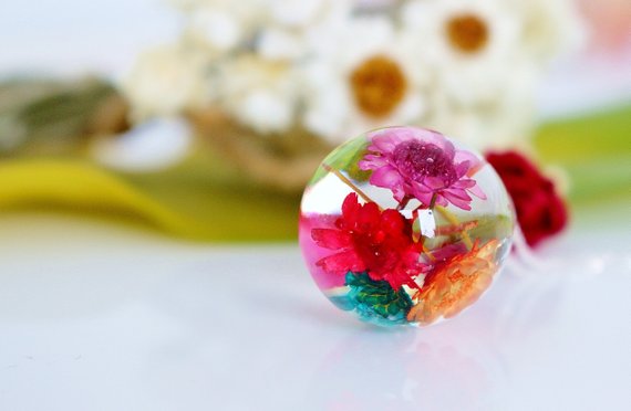 Rainbow Real Flower Necklace, Waterdrop Resin Pendant