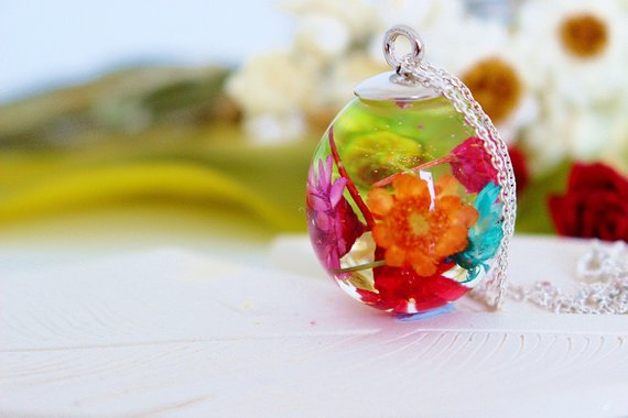 Rainbow Real Flower Necklace, Waterdrop Resin Pendant