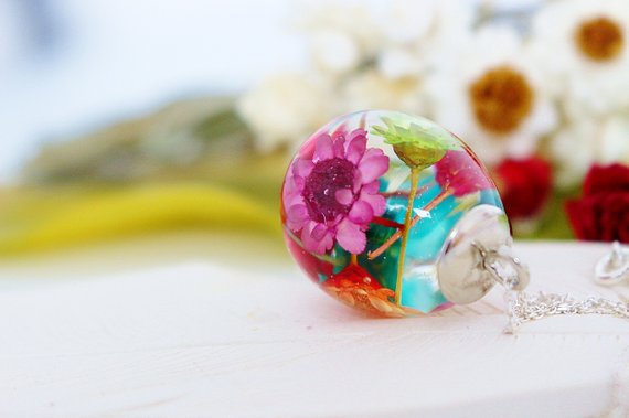 Rainbow Real Flower Necklace, Waterdrop Resin Pendant