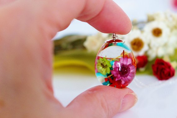 Rainbow Real Flower Necklace, Waterdrop Resin Pendant