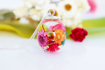 Rainbow Real Flower Necklace, Waterdrop Resin Pendant